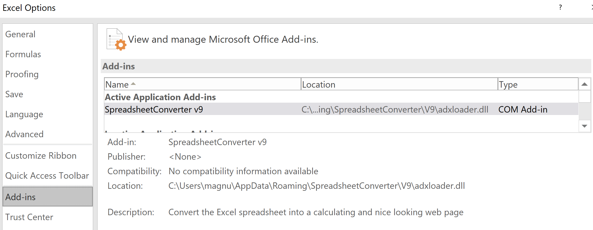 Screenshot of the Add-ins section of the Excel Options