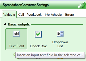 Screenshot of the widget list in the SpreadsheetConverter Settings panel 