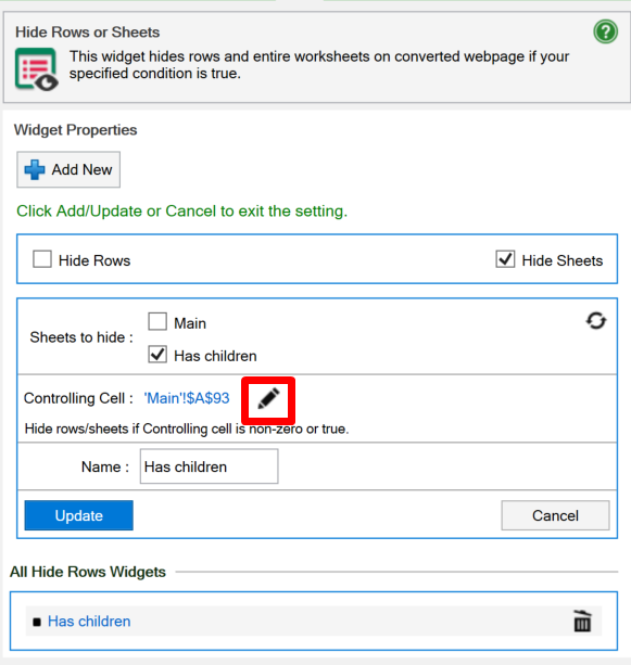 Screenshot of a Hide Sheets widget with a pen symbol to change the controlling cell