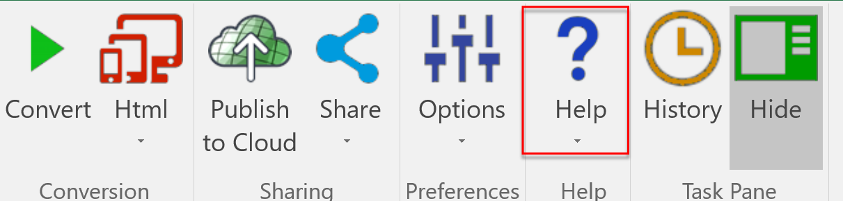 Screenshot of the Help choice in the SpreadsheetConverter ribbon