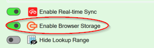 Screenshot of the Enable Browser storage setting on the Workbook tab