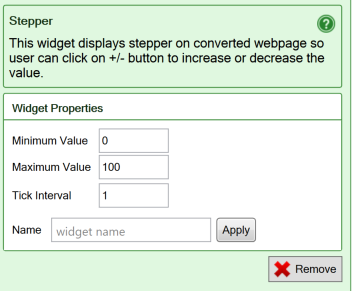 Screenshot of the settings for the Stepper widget