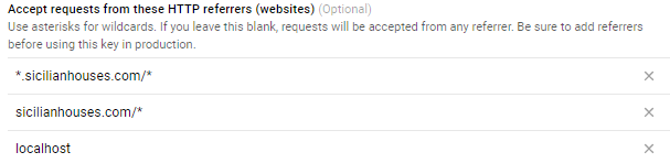 Screenshot of a Google Maps API key restricted to certain http referrers