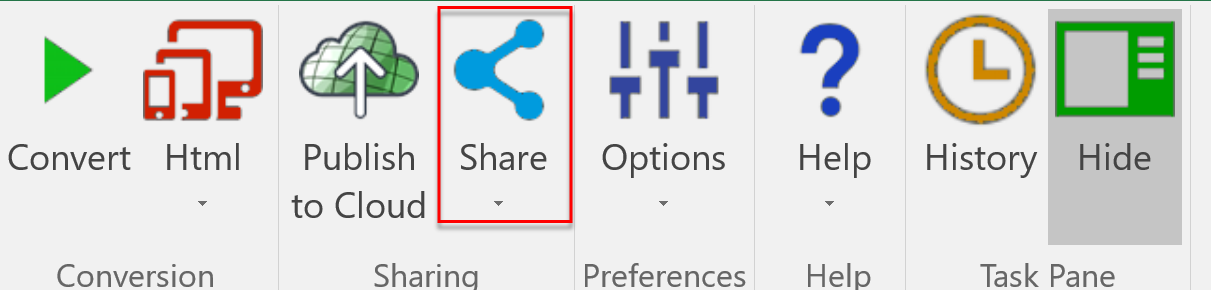 Screenshot of Share in the SpreadsheetConverter ribbon
