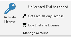 Screenshot of the Manage Account section in the ribbon for an unlicensed flavor