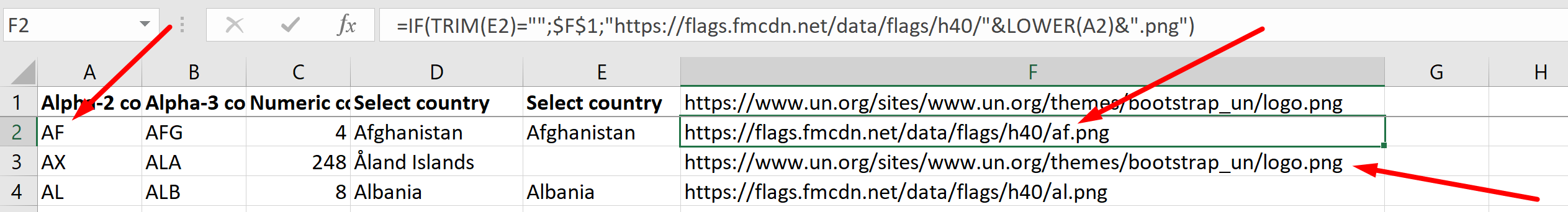 Screenshot of an Excel spreadsheet with a formula to calculate image links for the Link Image widget