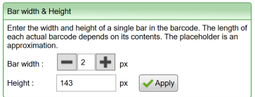 Screenshot of the width and height setting for the Barcode widget