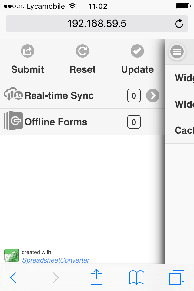 Screenshot from the iPhone/Android flavor of the Action buttons in the Side menu