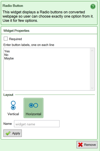 Screenshot from the iPhone/Android flavor of the settings for the Radio button widget