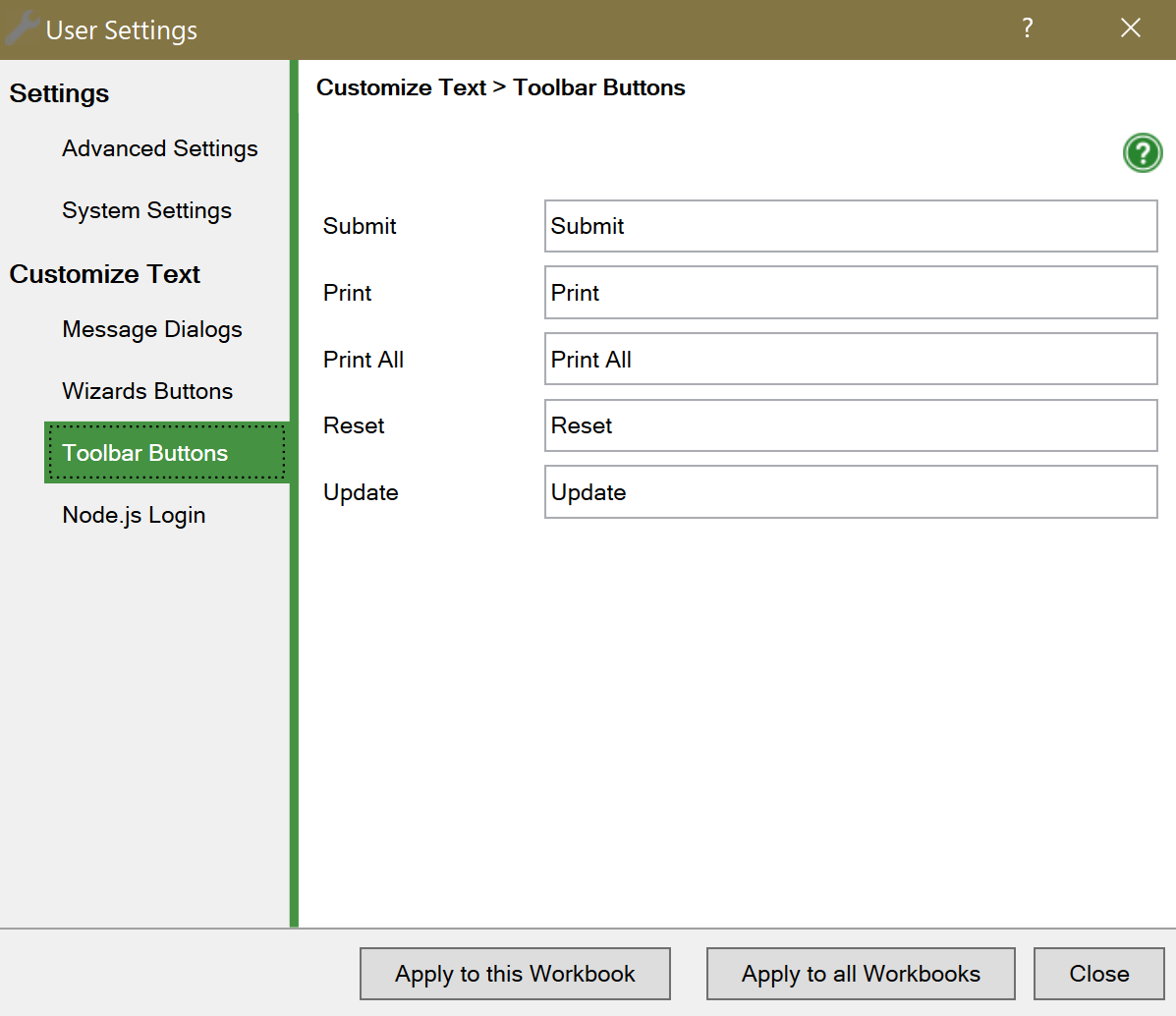 Screenshot of the toolbar button texts in the User Settings