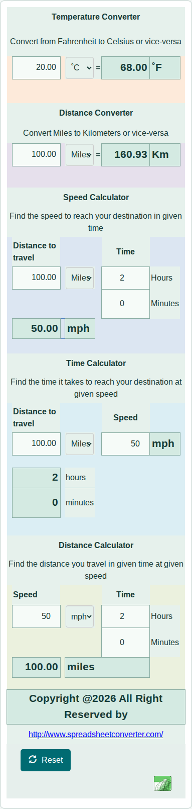 Distance and Temperature converted with SpreadsheetConverter v12 Pro.