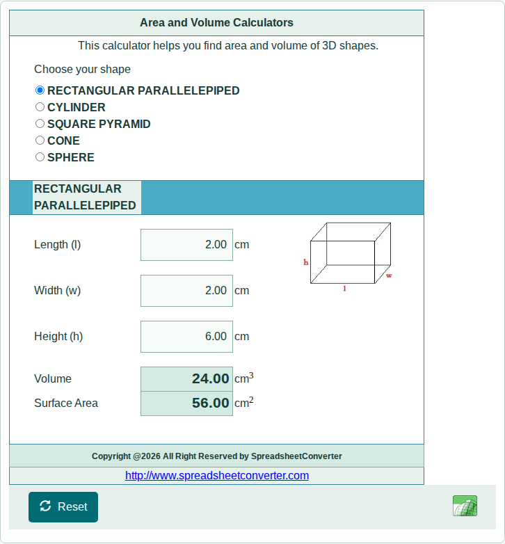 Area and Volume converted with SpreadsheetConverter v12 Pro.