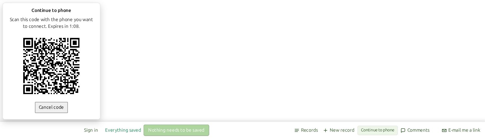 Anonymous end user view of Continue to phone, with the QR code and Sign in link in the end user toolbar
