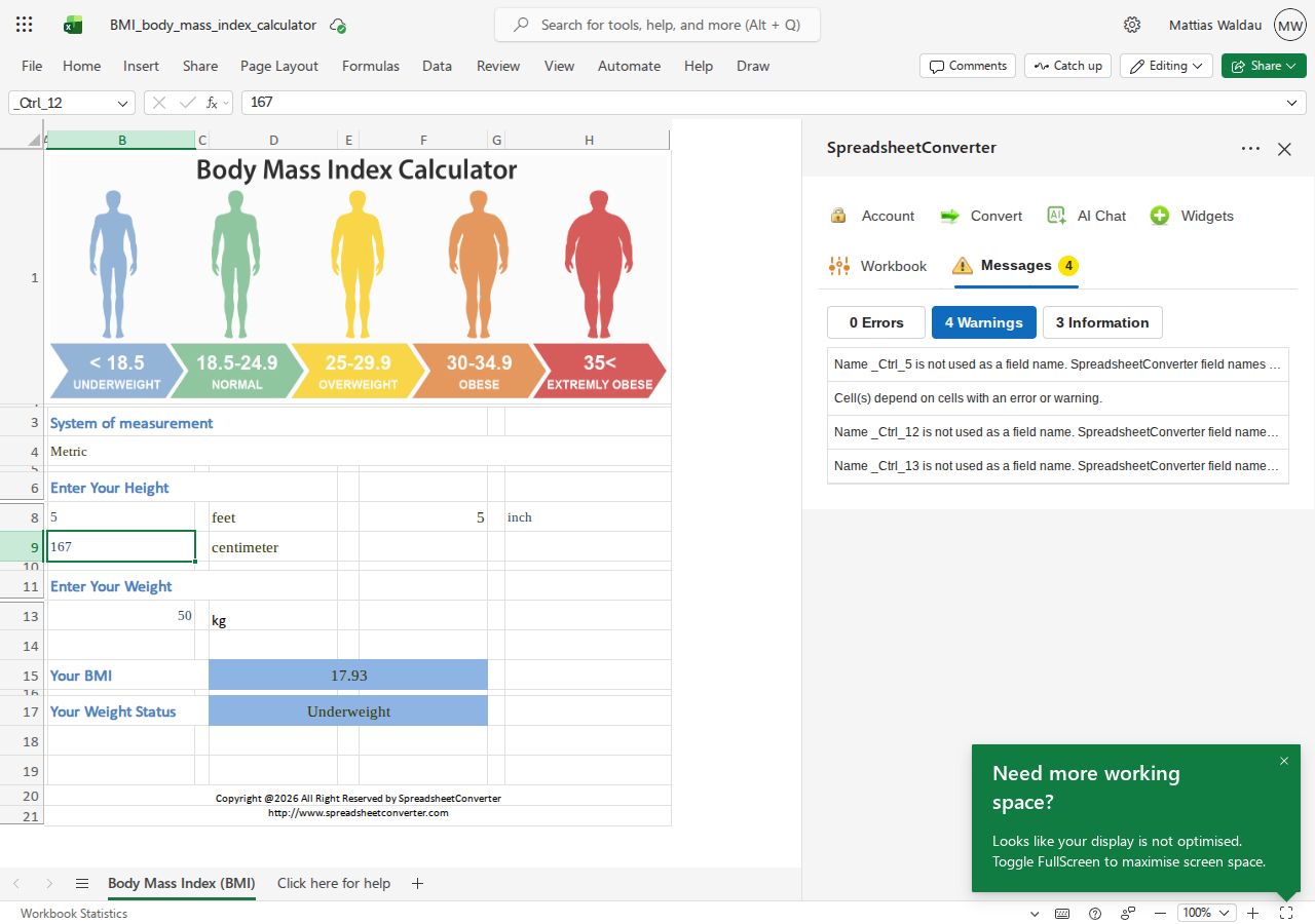 SpreadsheetConverter v12 Messages pane showing zero errors and four warnings for the public BMI workbook