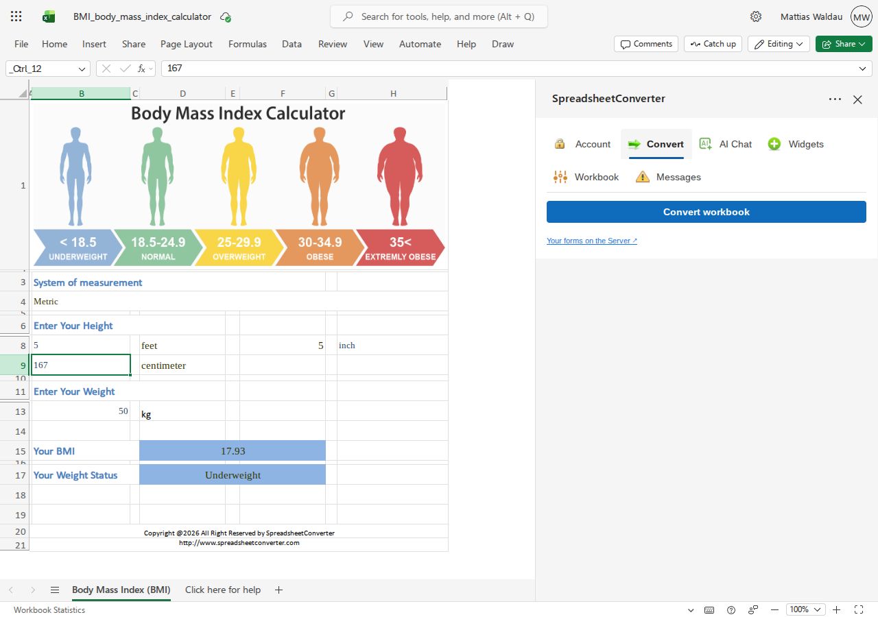 SpreadsheetConverter v12 Convert workbook button beside the public BMI workbook in Excel for the web