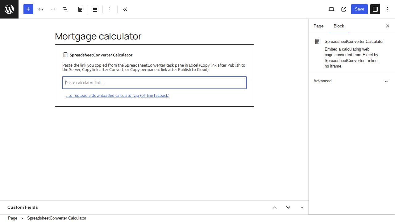 SpreadsheetConverter WordPress plugin 12.1 showing where to paste a calculator link
