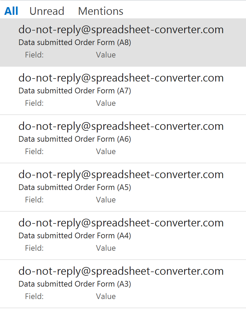 Screenshot of an e-mail Inbox with sequentially numbered form submissions