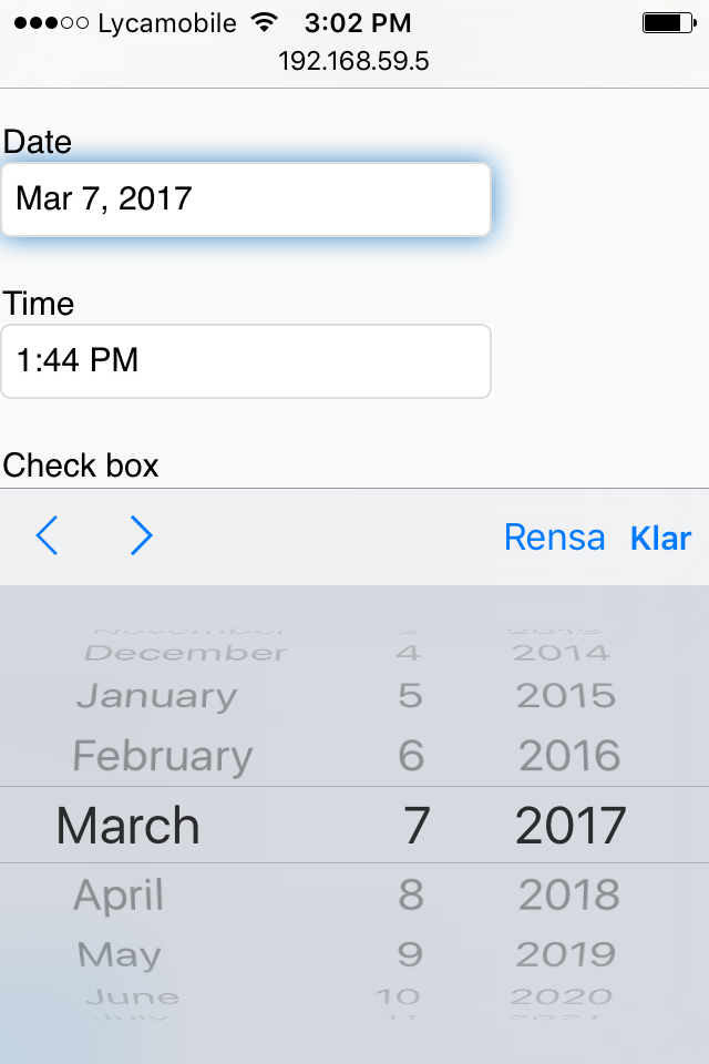 Screenshot from the iPhone/Android flavor of the Date picker widget