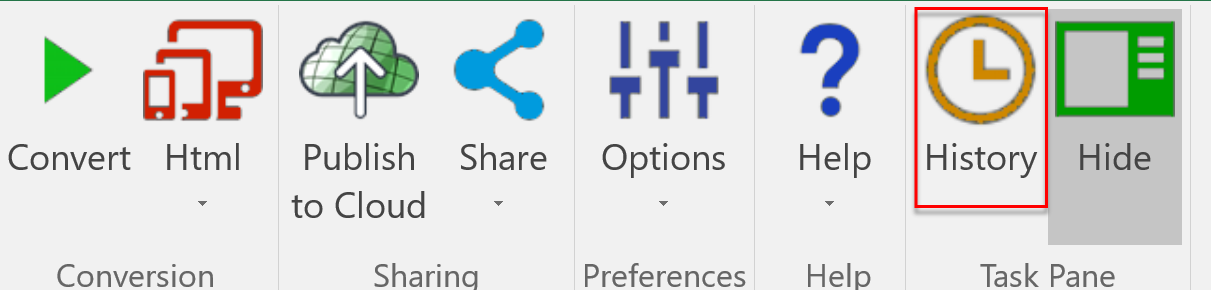 Screenshot of the History choice in the SpreadsheetConverter ribbon