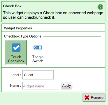 Screenshot from the iPhone/Android flavor of the settings for the Checkbox widget