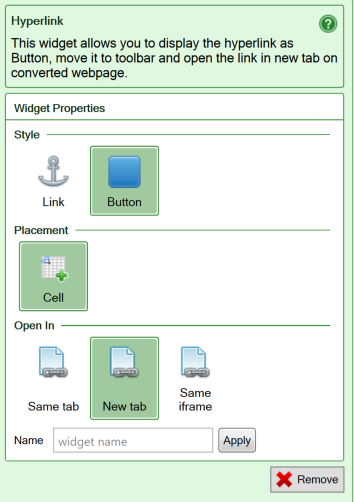 Screenshot from the iPhone/Android flavor of the settings for the Hyperlink widget 