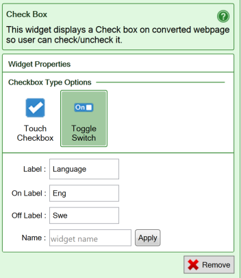 Screenshot from the iPhone/Android flavor of the settings for the Checkbox widget as a Toggle switch
