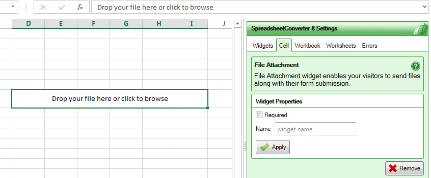 Screenshot of the properties panel for the File Attachment widget