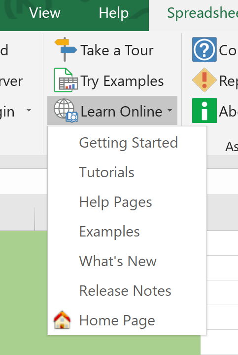 Screenshot of the Learn menu in the ribbon