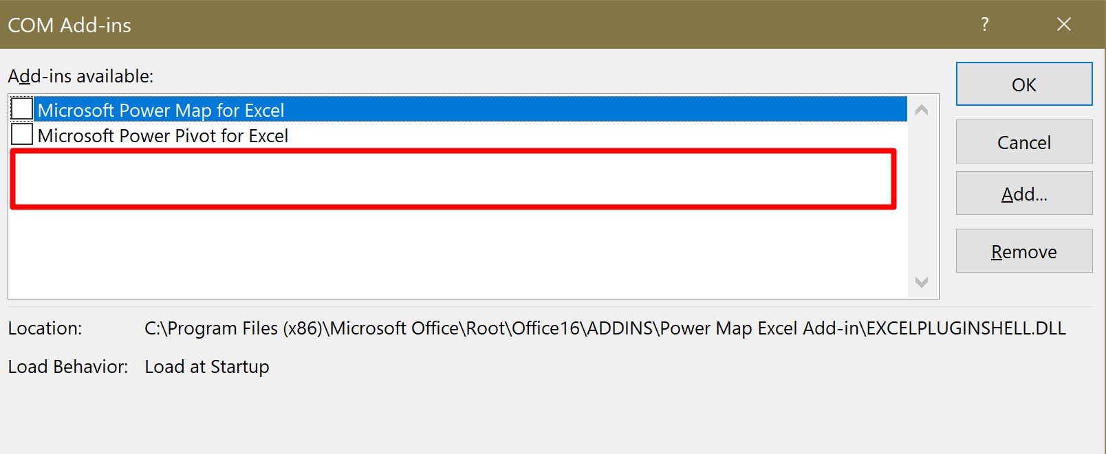 Screenshot of the COM Add-ins list with SpreadsheetConverter not listed