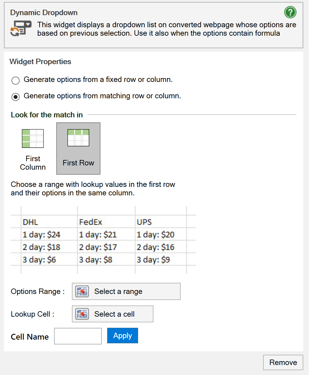 Screenshot of the options range and lookup cell options for a dynamic dropdown menu with matching column