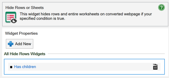 Screenshot of the Hide Rows/Sheets widget with a list of instances