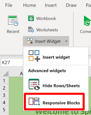 Screenshot of the Responsive Blocks option in the Prepare section of the SpreadsheetConverter ribbon