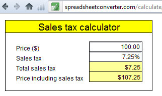 Screenshot of a sales tax calculator in Google Sites