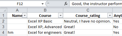 Screenshot of submitted forms saved from the Advanced Submit Service to Excel