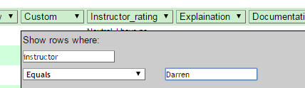 Screenshot of a filter for the Instructor column set to Darren
