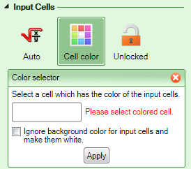 Screenshot of thw color selector for input cells on the Workbook tab