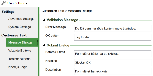 Screenshot of the Message Dialogs tab of the Customize Text section in the User settings
