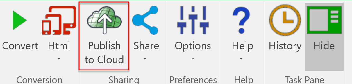 Screenshot of the Publish Choice in the SpreadsheetConverter ribbon