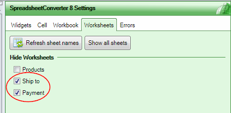 Screenshot of the Worksheets tab with two worksheets automatically hidden