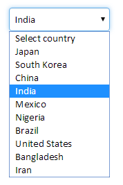 Screenshot of a dynamic dropdown menu with countries taken from a table