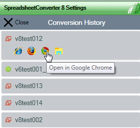 Screenshot of the History list of converted web pages