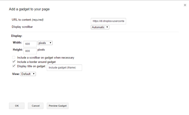 Screenshot of the properties for the insert iframe widget in Google Sites