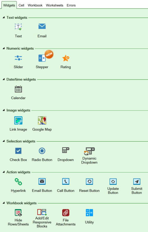 Screenshot of the Widgets tab of the task pane in version 9