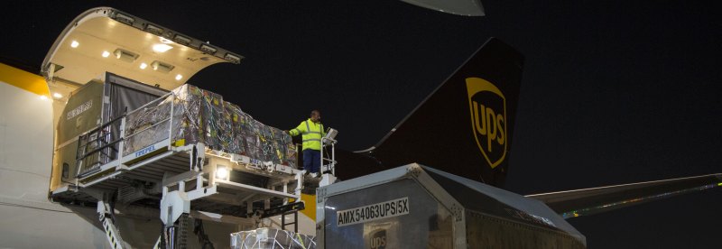 Photo of a UPS airplane being unloaded in Dubai