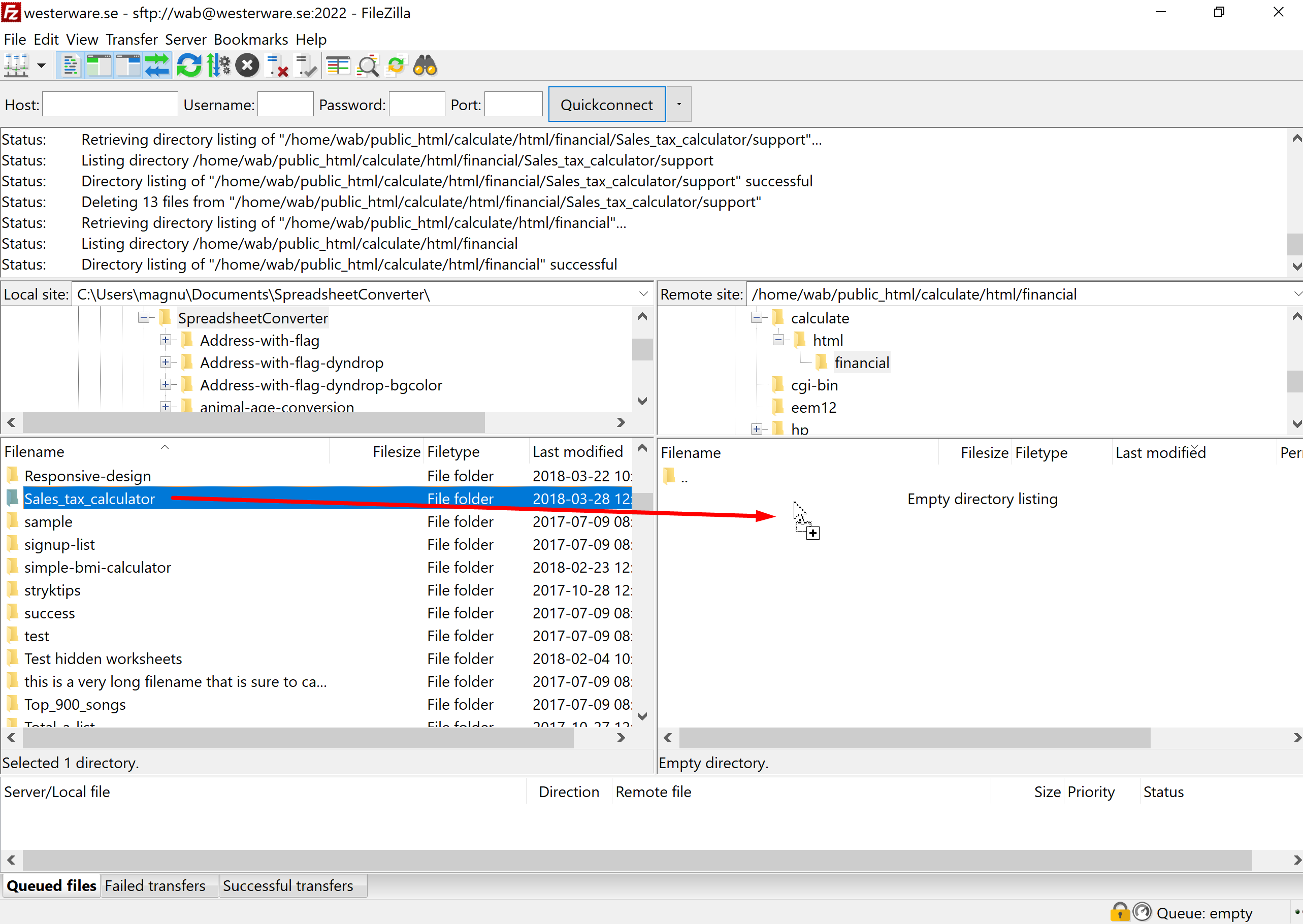 Screenshot of the folder being dragged from the Local to the Remote pane in FileZilla