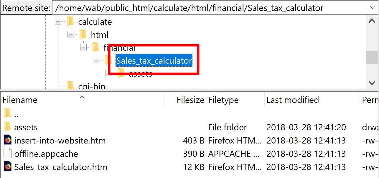 Screenshot of the Remote pane in FileZilla with the uploaded folder