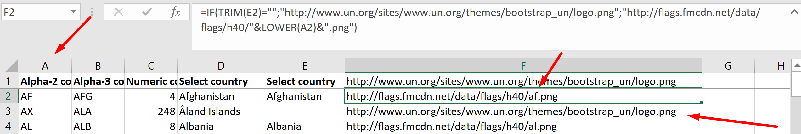 Screenshot of an Excel spreadsheet with a formula to calculate image links for the Link Image widget