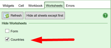 Screenshot of the Worksheet tab on the task pane where you can hide background worksheets