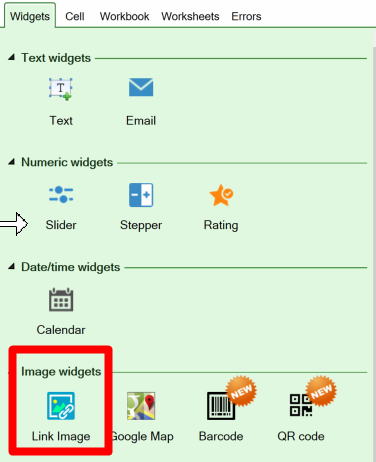 Screenshot of the Link Image widget icon on the Widget tab of the task pane