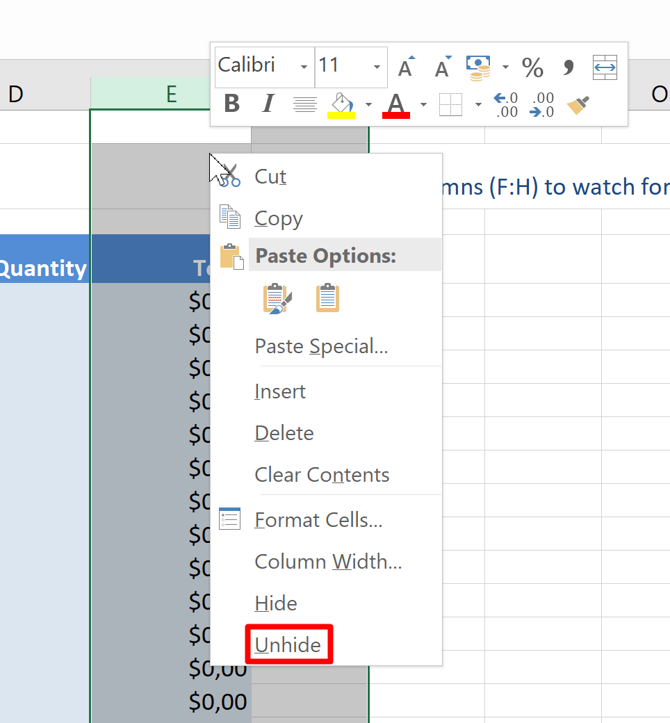 Screenshot of Unhide columns in Excel